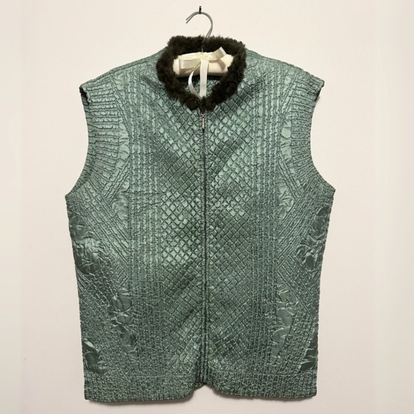 Vintage Green Metallic Faux Fur Trim Collar Zip Vest Women's L - Picture 1 of 2